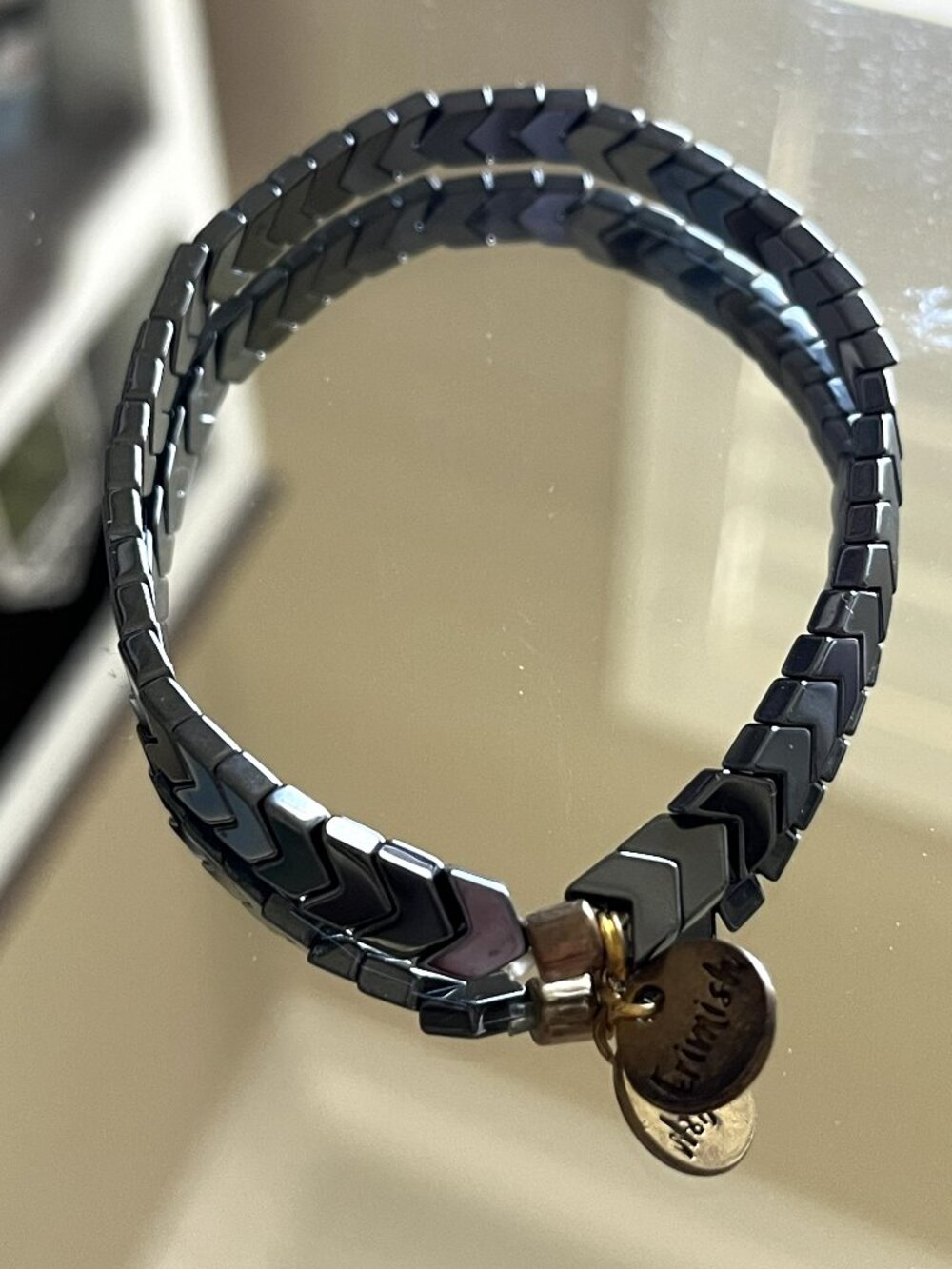Erimish  Gunmetal Chevron Beaded Bracelet Logo Tag Stackable Stretch